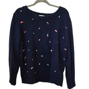 Retrology Navy Blue Holiday Sequin Sweater Women's XL Pullover Long Sleeve